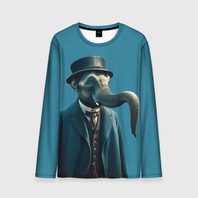 Мужской лонгслив 3D с принтом Слон джентельмен в смокинге и шляпе в Белгороде, 100% полиэстер | длинные рукава, круглый вырез горловины, полуприлегающий силуэт | 