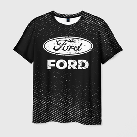 Мужская футболка 3D с принтом Ford с потертостями на темном фоне в Петрозаводске, 100% полиэфир | прямой крой, круглый вырез горловины, длина до линии бедер | 