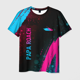 Мужская футболка 3D с принтом Papa Roach   neon gradient: надпись, символ в Екатеринбурге, 100% полиэфир | прямой крой, круглый вырез горловины, длина до линии бедер | 