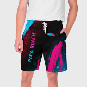 Мужские шорты 3D с принтом Papa Roach   neon gradient: надпись, символ в Петрозаводске,  полиэстер 100% | прямой крой, два кармана без застежек по бокам. Мягкая трикотажная резинка на поясе, внутри которой широкие завязки. Длина чуть выше колен | 