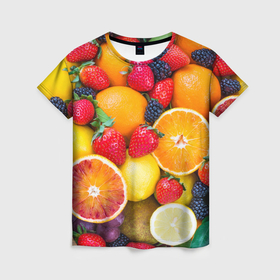 Женская футболка 3D с принтом Сочные фрукты в Тюмени, 100% полиэфир ( синтетическое хлопкоподобное полотно) | прямой крой, круглый вырез горловины, длина до линии бедер | 