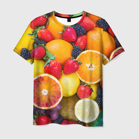 Мужская футболка 3D с принтом Сочные фрукты в Тюмени, 100% полиэфир | прямой крой, круглый вырез горловины, длина до линии бедер | 