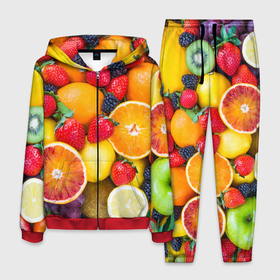 Мужской костюм 3D с принтом Сочные фрукты в Ухте, 100% полиэстер | Манжеты и пояс оформлены тканевой резинкой, двухслойный капюшон со шнурком для регулировки, карманы спереди | 