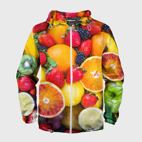 Мужская ветровка 3D с принтом Сочные фрукты в городе Новоалтайск, 100% полиэстер | подол и капюшон оформлены резинкой с фиксаторами, два кармана без застежек по бокам, один потайной карман на груди | 