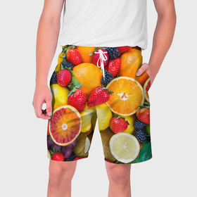 Мужские шорты 3D с принтом Сочные фрукты в Тюмени,  полиэстер 100% | прямой крой, два кармана без застежек по бокам. Мягкая трикотажная резинка на поясе, внутри которой широкие завязки. Длина чуть выше колен | Тематика изображения на принте: 