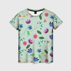 Женская футболка 3D с принтом Цветы, веточки и листья в Тюмени, 100% полиэфир ( синтетическое хлопкоподобное полотно) | прямой крой, круглый вырез горловины, длина до линии бедер | 