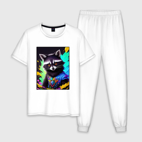 Мужская пижама хлопок с принтом Енотик в красках в Курске, 100% хлопок | брюки и футболка прямого кроя, без карманов, на брюках мягкая резинка на поясе и по низу штанин
 | 