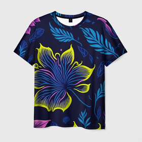 Мужская футболка 3D с принтом Неоновые цветы и листья в Кировске, 100% полиэфир | прямой крой, круглый вырез горловины, длина до линии бедер | 