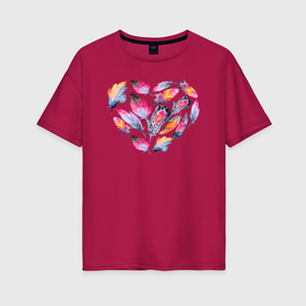Женская футболка хлопок Oversize с принтом Сердце из акварельных перьев в Петрозаводске, 100% хлопок | свободный крой, круглый ворот, спущенный рукав, длина до линии бедер
 | Тематика изображения на принте: 
