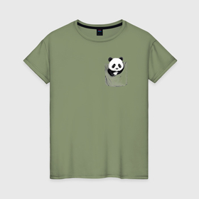 Женская футболка хлопок с принтом Панда в кармане , 100% хлопок | прямой крой, круглый вырез горловины, длина до линии бедер, слегка спущенное плечо | 