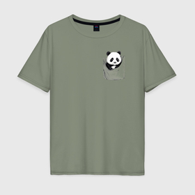 Мужская футболка хлопок Oversize с принтом Панда в кармане в Тюмени, 100% хлопок | свободный крой, круглый ворот, “спинка” длиннее передней части | Тематика изображения на принте: 