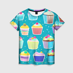 Женская футболка 3D с принтом Торты и кексы в Санкт-Петербурге, 100% полиэфир ( синтетическое хлопкоподобное полотно) | прямой крой, круглый вырез горловины, длина до линии бедер | 