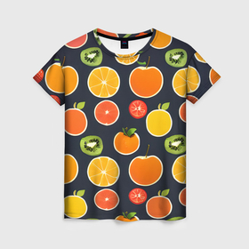 Женская футболка 3D с принтом Фрукты и ягоды в Санкт-Петербурге, 100% полиэфир ( синтетическое хлопкоподобное полотно) | прямой крой, круглый вырез горловины, длина до линии бедер | 