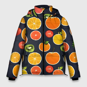 Мужская зимняя куртка 3D с принтом Фрукты и ягоды в Санкт-Петербурге, верх — 100% полиэстер; подкладка — 100% полиэстер; утеплитель — 100% полиэстер | длина ниже бедра, свободный силуэт Оверсайз. Есть воротник-стойка, отстегивающийся капюшон и ветрозащитная планка. 

Боковые карманы с листочкой на кнопках и внутренний карман на молнии. | Тематика изображения на принте: 