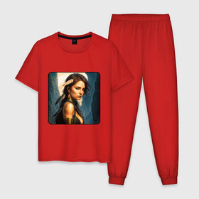 Мужская пижама хлопок с принтом Девушка Индиана лазурь , 100% хлопок | брюки и футболка прямого кроя, без карманов, на брюках мягкая резинка на поясе и по низу штанин
 | 