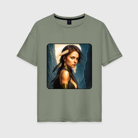 Женская футболка хлопок Oversize с принтом Девушка Индиана лазурь , 100% хлопок | свободный крой, круглый ворот, спущенный рукав, длина до линии бедер
 | 