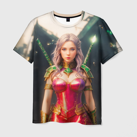 Мужская футболка 3D с принтом Девушка воительница в Санкт-Петербурге, 100% полиэфир | прямой крой, круглый вырез горловины, длина до линии бедер | 