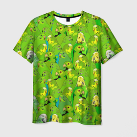 Мужская футболка 3D с принтом Зеленые волнистые попугайчики в Белгороде, 100% полиэфир | прямой крой, круглый вырез горловины, длина до линии бедер | 
