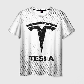 Мужская футболка 3D с принтом Tesla с потертостями на светлом фоне , 100% полиэфир | прямой крой, круглый вырез горловины, длина до линии бедер | 