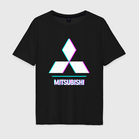 Мужская футболка хлопок Oversize с принтом Значок Mitsubishi в стиле glitch в Екатеринбурге, 100% хлопок | свободный крой, круглый ворот, “спинка” длиннее передней части | Тематика изображения на принте: 