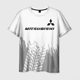 Мужская футболка 3D с принтом Mitsubishi speed на светлом фоне со следами шин: символ сверху в Екатеринбурге, 100% полиэфир | прямой крой, круглый вырез горловины, длина до линии бедер | Тематика изображения на принте: 
