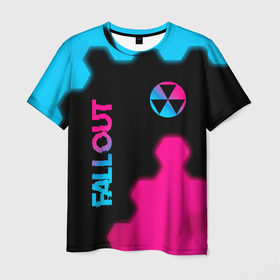 Мужская футболка 3D с принтом Fallout   neon gradient: надпись, символ в Курске, 100% полиэфир | прямой крой, круглый вырез горловины, длина до линии бедер | 