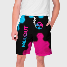 Мужские шорты 3D с принтом Fallout   neon gradient: надпись, символ ,  полиэстер 100% | прямой крой, два кармана без застежек по бокам. Мягкая трикотажная резинка на поясе, внутри которой широкие завязки. Длина чуть выше колен | 