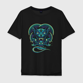 Мужская футболка хлопок Oversize с принтом Пантера и ядовитые змеи в Санкт-Петербурге, 100% хлопок | свободный крой, круглый ворот, “спинка” длиннее передней части | 