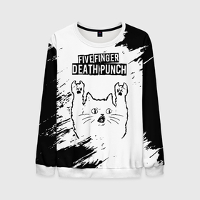 Мужской свитшот 3D с принтом Five Finger Death Punch рок кот на светлом фоне в Тюмени, 100% полиэстер с мягким внутренним слоем | круглый вырез горловины, мягкая резинка на манжетах и поясе, свободная посадка по фигуре | 