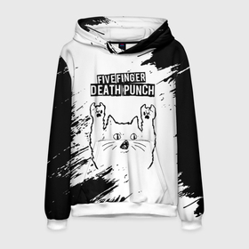 Мужская толстовка 3D с принтом Five Finger Death Punch рок кот на светлом фоне в Екатеринбурге, 100% полиэстер | двухслойный капюшон со шнурком для регулировки, мягкие манжеты на рукавах и по низу толстовки, спереди карман-кенгуру с мягким внутренним слоем. | 