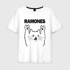 Мужская футболка хлопок Oversize с принтом Ramones   rock cat в Курске, 100% хлопок | свободный крой, круглый ворот, “спинка” длиннее передней части | 