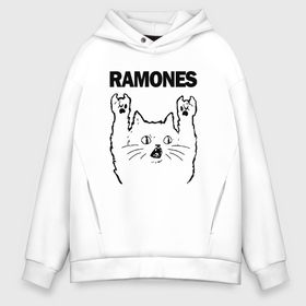 Мужское худи Oversize хлопок с принтом Ramones   rock cat в Тюмени, френч-терри — 70% хлопок, 30% полиэстер. Мягкий теплый начес внутри —100% хлопок | боковые карманы, эластичные манжеты и нижняя кромка, капюшон на магнитной кнопке | 