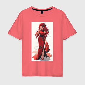 Мужская футболка хлопок Oversize с принтом Рыжая девушка в красном платье в Санкт-Петербурге, 100% хлопок | свободный крой, круглый ворот, “спинка” длиннее передней части | Тематика изображения на принте: 