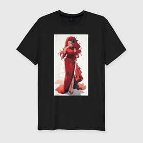 Мужская футболка хлопок Slim с принтом Рыжая девушка в красном платье в Санкт-Петербурге, 92% хлопок, 8% лайкра | приталенный силуэт, круглый вырез ворота, длина до линии бедра, короткий рукав | Тематика изображения на принте: 