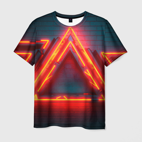 Мужская футболка 3D с принтом Неоновые треугольники и ломаные линии в Курске, 100% полиэфир | прямой крой, круглый вырез горловины, длина до линии бедер | Тематика изображения на принте: 