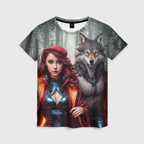 Женская футболка 3D с принтом Красная шапочка и волк в Кировске, 100% полиэфир ( синтетическое хлопкоподобное полотно) | прямой крой, круглый вырез горловины, длина до линии бедер | 