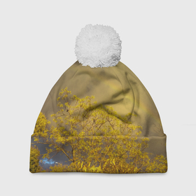 Шапка 3D c помпоном с принтом Жёлтая листва, туман и радуга в Тюмени, 100% полиэстер | универсальный размер, печать по всей поверхности изделия | 