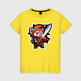 Женская футболка хлопок с принтом Красная панда воин , 100% хлопок | прямой крой, круглый вырез горловины, длина до линии бедер, слегка спущенное плечо | 