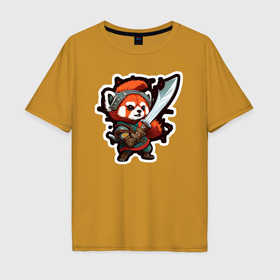 Мужская футболка хлопок Oversize с принтом Красная панда воин , 100% хлопок | свободный крой, круглый ворот, “спинка” длиннее передней части | 