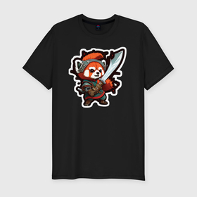 Мужская футболка хлопок Slim с принтом Красная панда воин в Белгороде, 92% хлопок, 8% лайкра | приталенный силуэт, круглый вырез ворота, длина до линии бедра, короткий рукав | Тематика изображения на принте: 