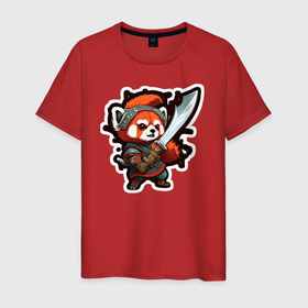 Мужская футболка хлопок с принтом Красная панда воин в Белгороде, 100% хлопок | прямой крой, круглый вырез горловины, длина до линии бедер, слегка спущенное плечо. | Тематика изображения на принте: 