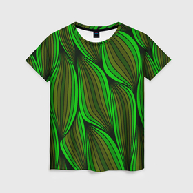 Женская футболка 3D с принтом Зелёные листовые линии в Санкт-Петербурге, 100% полиэфир ( синтетическое хлопкоподобное полотно) | прямой крой, круглый вырез горловины, длина до линии бедер | 