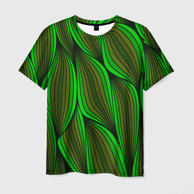 Мужская футболка 3D с принтом Зелёные листовые линии в Санкт-Петербурге, 100% полиэфир | прямой крой, круглый вырез горловины, длина до линии бедер | 