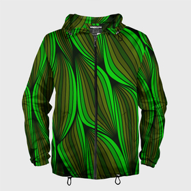 Мужская ветровка 3D с принтом Зелёные листовые линии в Санкт-Петербурге, 100% полиэстер | подол и капюшон оформлены резинкой с фиксаторами, два кармана без застежек по бокам, один потайной карман на груди | 