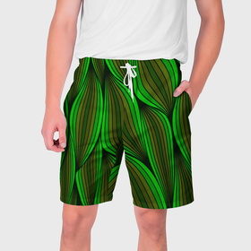 Мужские шорты 3D с принтом Зелёные листовые линии в Санкт-Петербурге,  полиэстер 100% | прямой крой, два кармана без застежек по бокам. Мягкая трикотажная резинка на поясе, внутри которой широкие завязки. Длина чуть выше колен | 