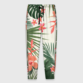 Мужские брюки 3D с принтом тропические растения в Тюмени, 100% полиэстер | манжеты по низу, эластичный пояс регулируется шнурком, по бокам два кармана без застежек, внутренняя часть кармана из мелкой сетки | 