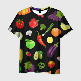 Мужская футболка 3D с принтом Фрукты и овощи в Тюмени, 100% полиэфир | прямой крой, круглый вырез горловины, длина до линии бедер | 