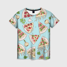 Женская футболка 3D с принтом Любитель пиццы в Курске, 100% полиэфир ( синтетическое хлопкоподобное полотно) | прямой крой, круглый вырез горловины, длина до линии бедер | 