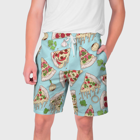 Мужские шорты 3D с принтом Любитель пиццы ,  полиэстер 100% | прямой крой, два кармана без застежек по бокам. Мягкая трикотажная резинка на поясе, внутри которой широкие завязки. Длина чуть выше колен | Тематика изображения на принте: 