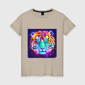 Женская футболка хлопок с принтом Светящаяся голова тигра в Курске, 100% хлопок | прямой крой, круглый вырез горловины, длина до линии бедер, слегка спущенное плечо | 